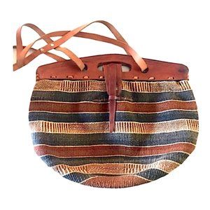 Vintage 90's Jute Shoulder Tote Bag Leather…